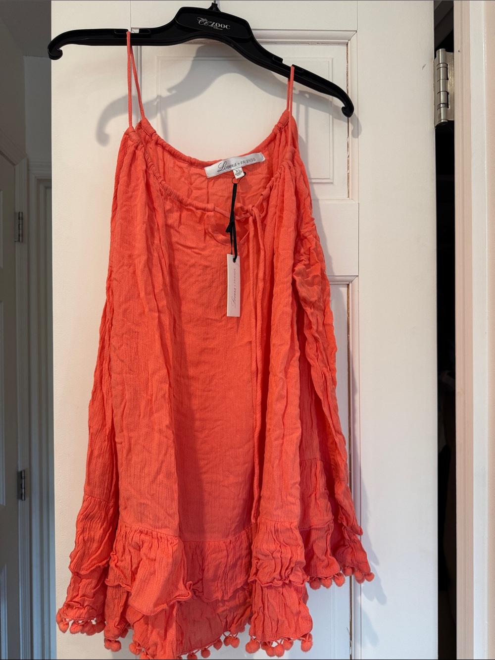 Coral Spaghetti-Strap Ruffle off shoulder Tunic with Pom Pom details